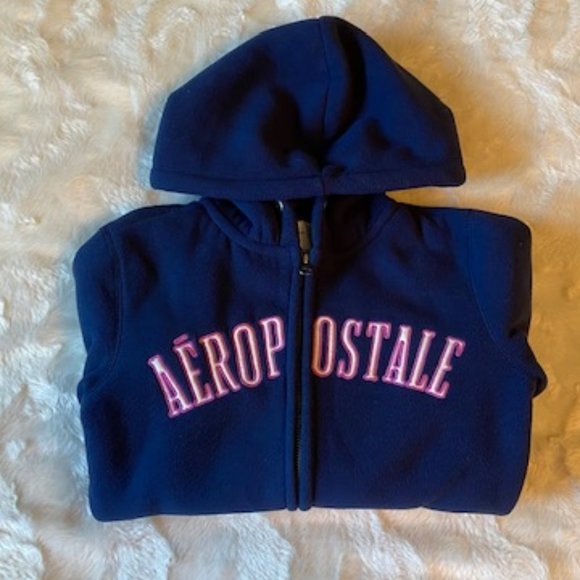 2/$40 Aeropostale Fleece Navy Blue Hoodie Ladies Juniors Size XS - Picture 1 of 10